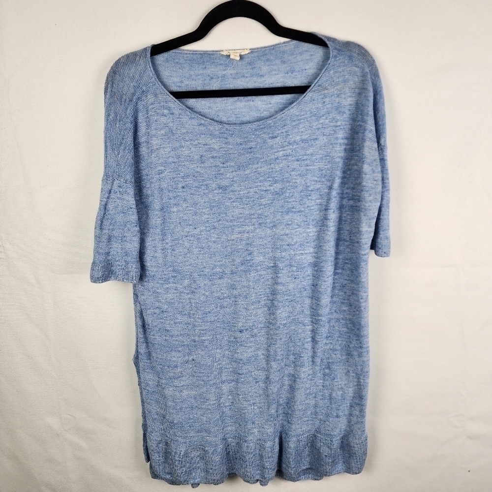Eileen Fisher Tunic Sweater Top Blue‎ Linen Melange Short Sleeve Side Slits Sz M